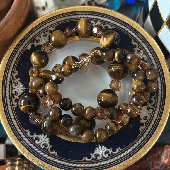 Vintage Genuine Tigers Eye Stone and Amber Crystal Bead Necklace - Picture 1 of 6